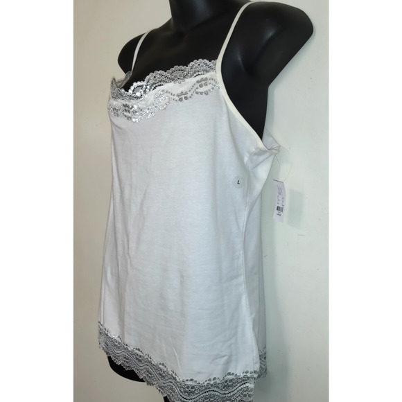New York & Company Tank Camisole White Top L Silver Lace Adjustable Straps NWT - Picture 2 of 13